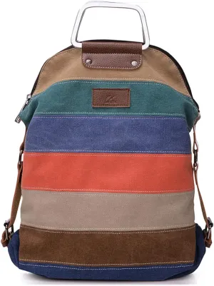 PORRASSO Women Backpack Canvas Crossbody Bag Multi-Color Striped Shoulder Bag Satchel Ladies Tote Daypack for Travel Work Shopping Daily Use Orange