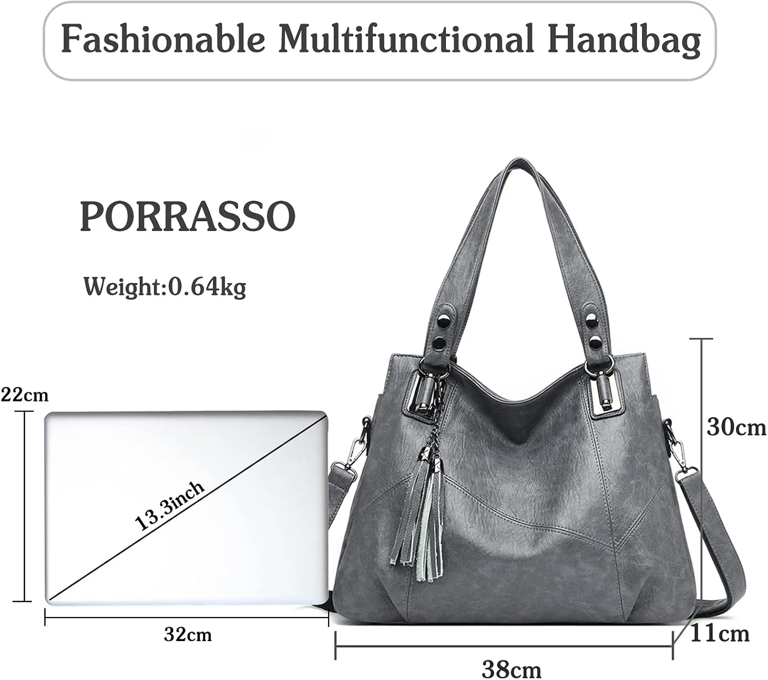 PORRASSO Women Handbags Fashion Hobo Shoulder Bag Ladies Crossbody Bag Large Tote Purse