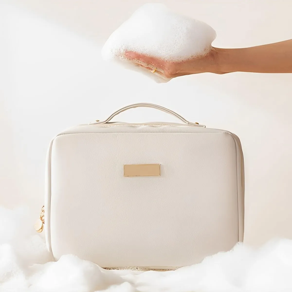 Portable Large Capacity Cosmetic Bag, Skincare Products, Makeup Brush Storage Bag, Double Layer Makeup Bag (Upgraded-White)