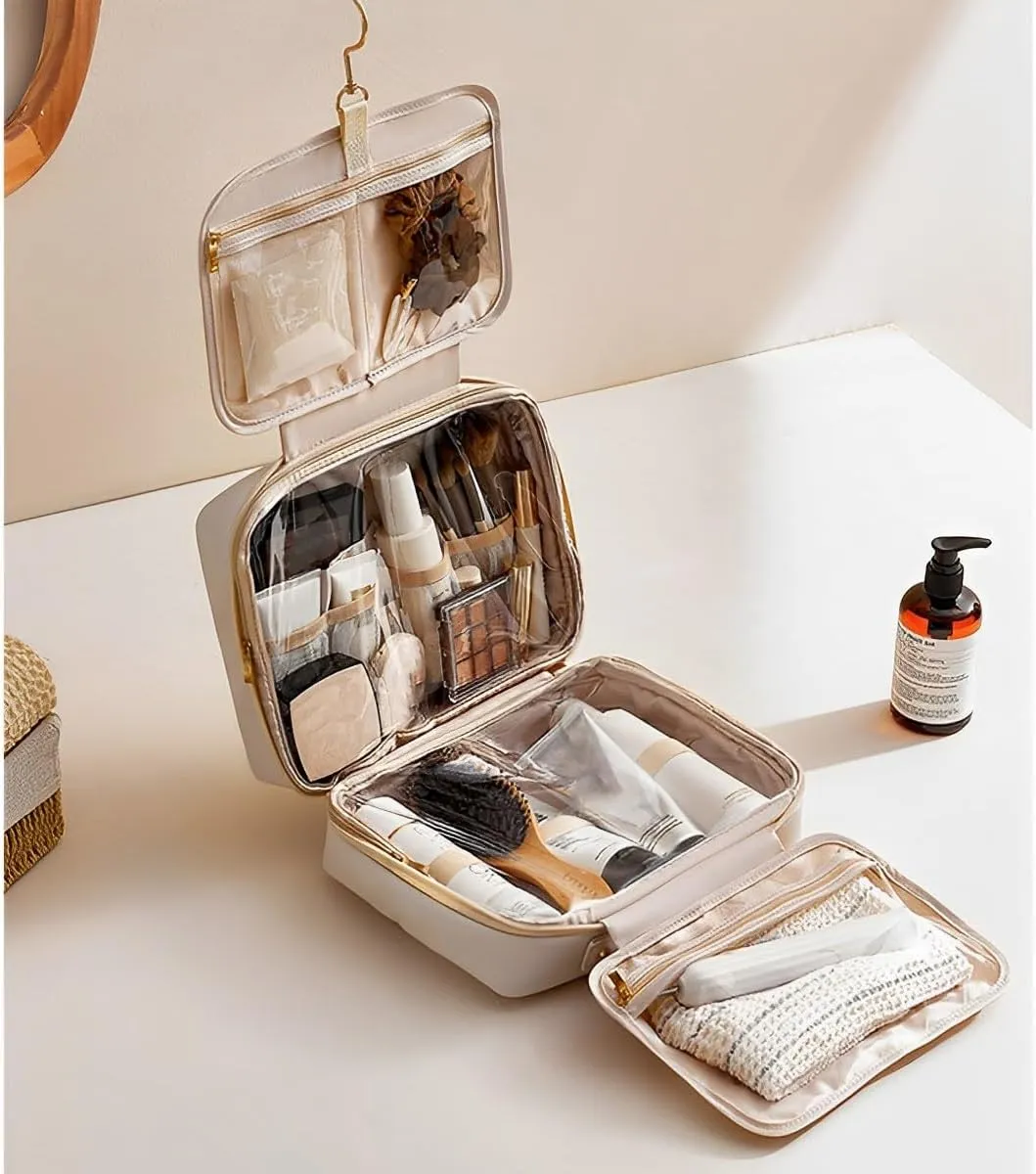 Portable Large Capacity Cosmetic Bag, Skincare Products, Makeup Brush Storage Bag, Double Layer Makeup Bag (Upgraded-White)