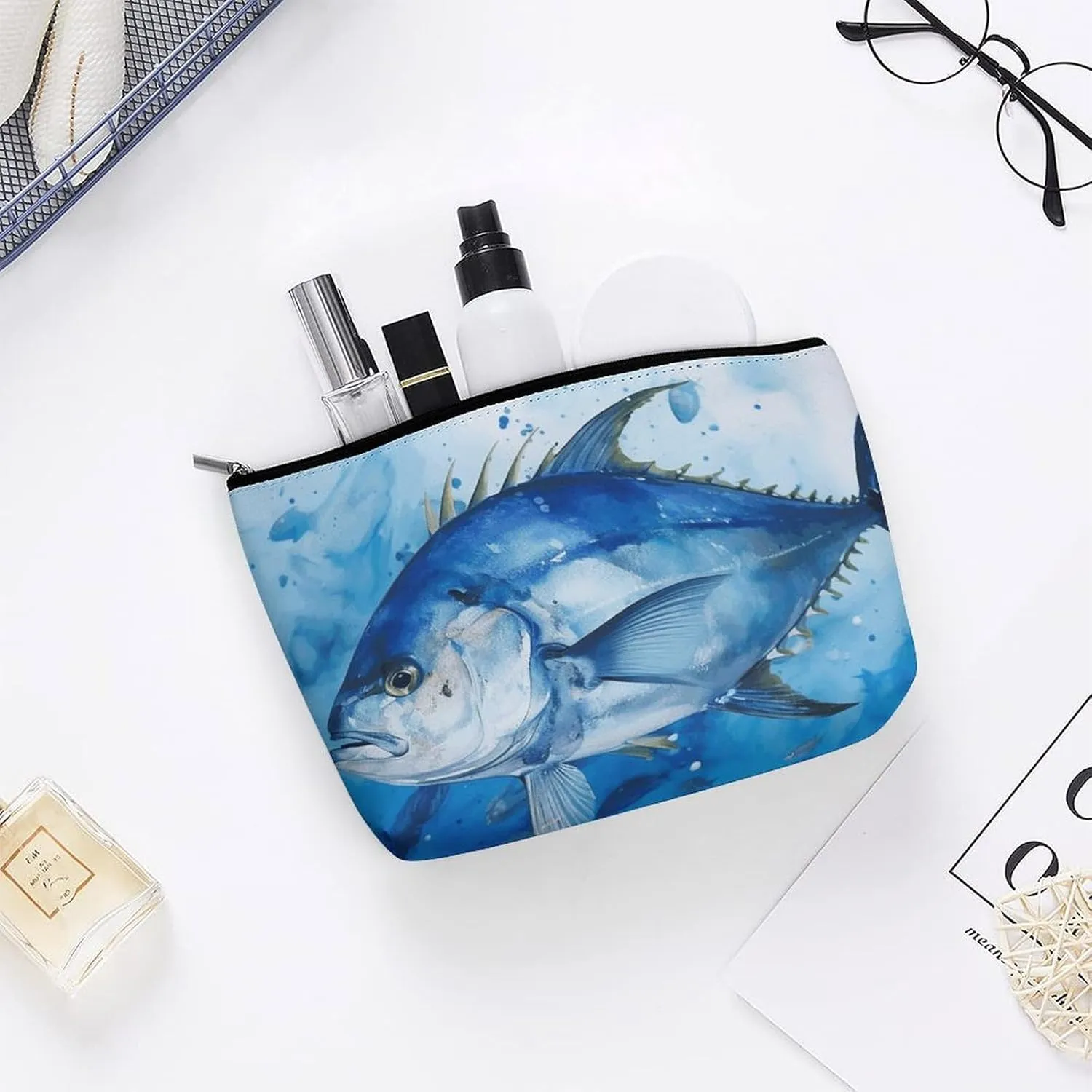 Portable Small Cosmetic Bag Cute Travel Makeup Bag Blue Fish Waterproof Toiletry Bag for Women