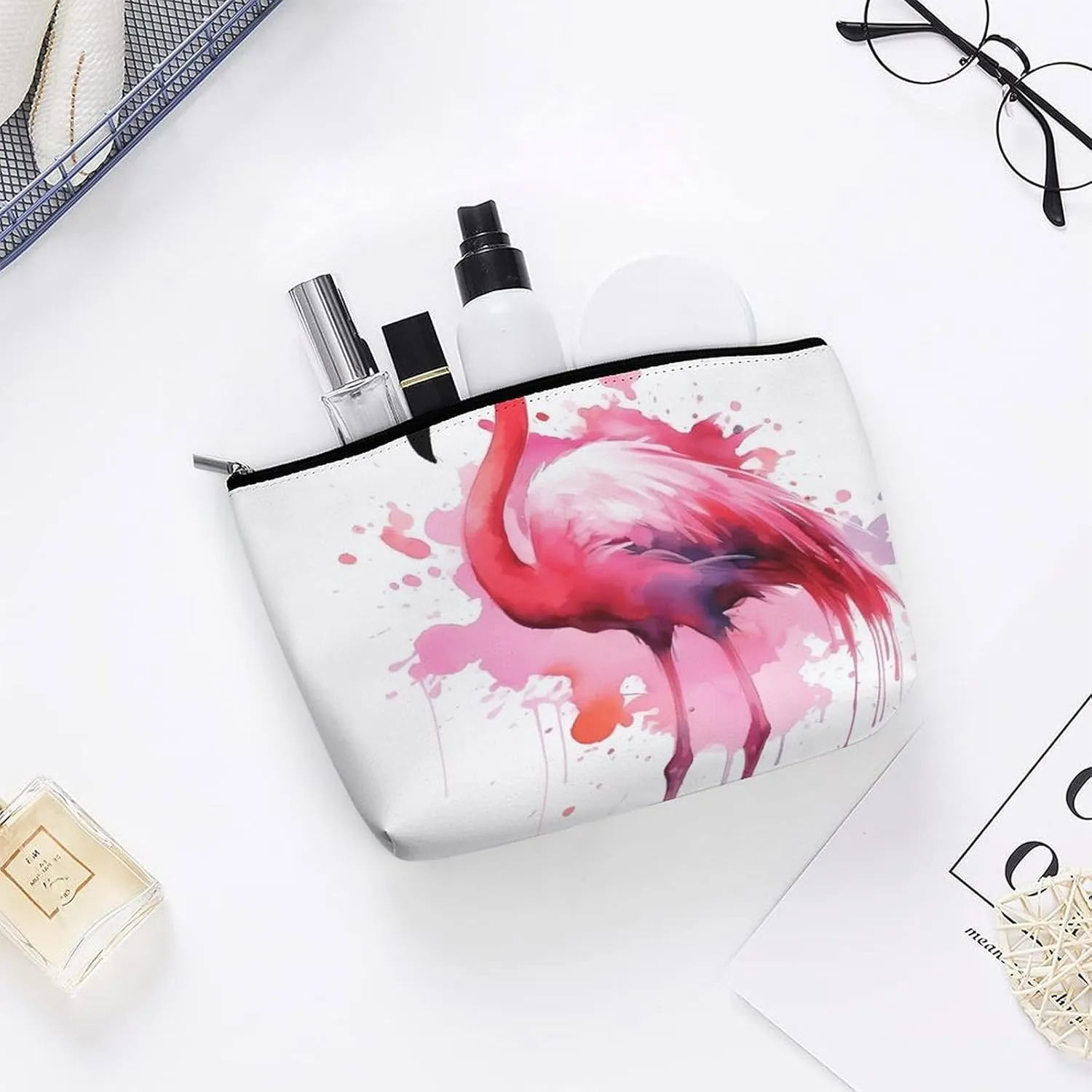 Portable Small Cosmetic Bag Cute Travel Makeup Bag Flamingo Watercolor Waterproof Toiletry Bag for Women