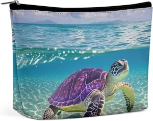Portable Small Cosmetic Bag Cute Travel Makeup Bag Hawaii with Purple Sea Turtle Waterproof Toiletry Bag for Women