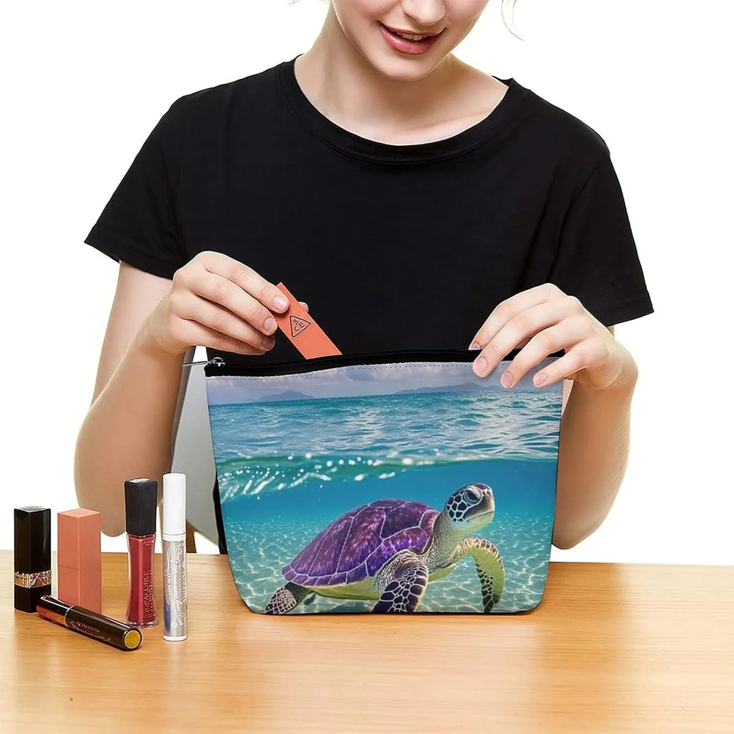 Portable Small Cosmetic Bag Cute Travel Makeup Bag Hawaii with Purple Sea Turtle Waterproof Toiletry Bag for Women