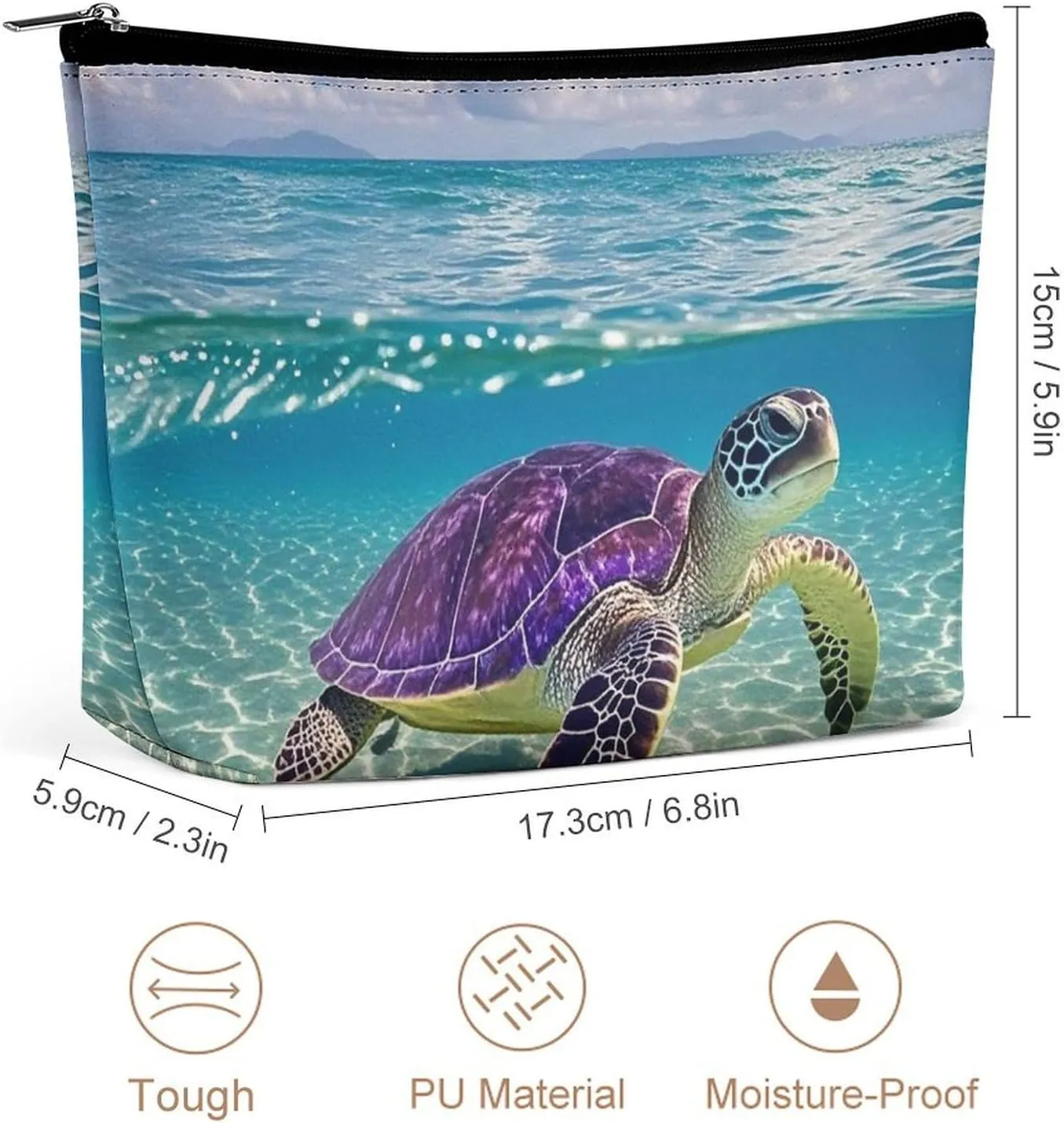 Portable Small Cosmetic Bag Cute Travel Makeup Bag Hawaii with Purple Sea Turtle Waterproof Toiletry Bag for Women