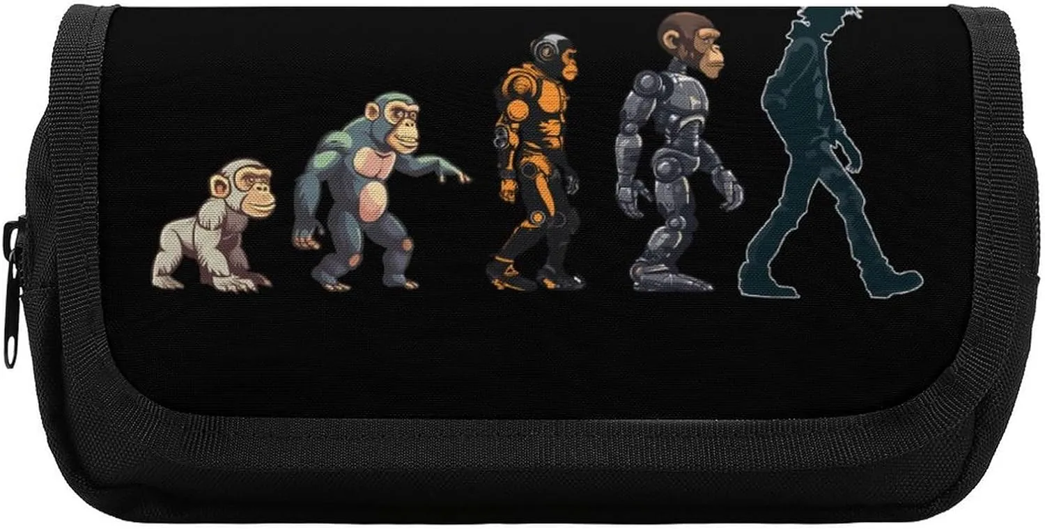 Prehistoric Ape Robot to Man Evolution Pencil Case Double Layer Pencil Box Storage Pouch Bags Organizer for Men Women