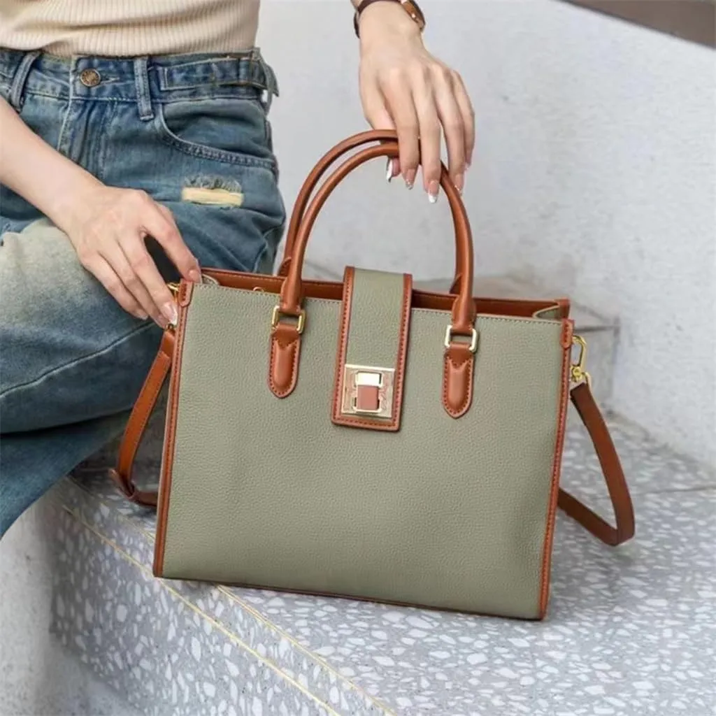 Premium Texture Color Collision Large Capacity Layer Cowhide Ladies Commuting