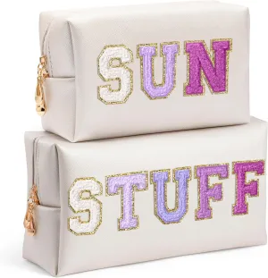 Preppy Patch Cosmetic Bags - Valentine's Day 2P Purple STUFF SUN Chenille Letter Makeup Bag, PU leather Travel Toiletry Bag Portable Waterproof Bag Zipper Pouch, New Year Gift for Women Girls