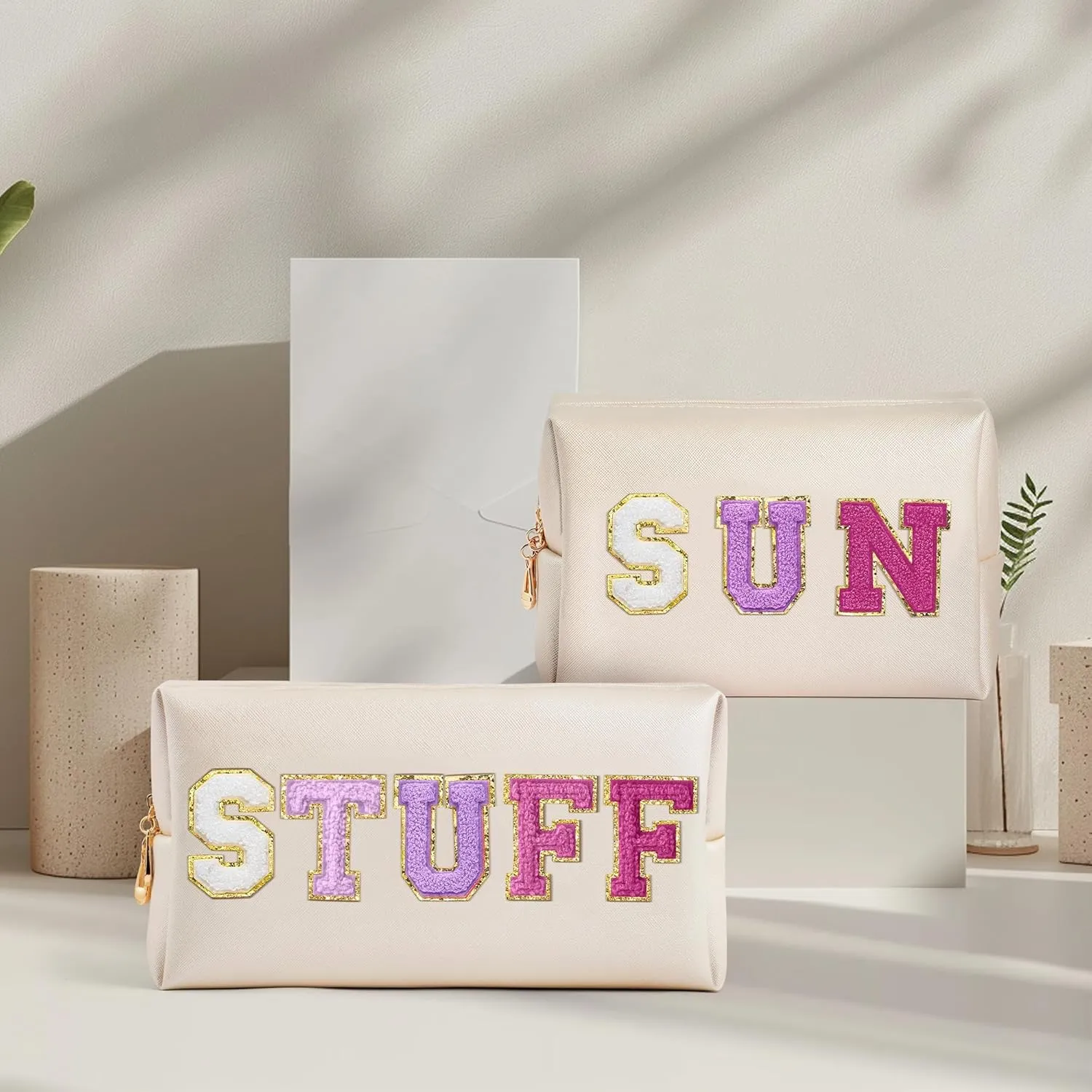 Preppy Patch Cosmetic Bags - Valentine's Day 2P Purple STUFF SUN Chenille Letter Makeup Bag, PU leather Travel Toiletry Bag Portable Waterproof Bag Zipper Pouch, New Year Gift for Women Girls