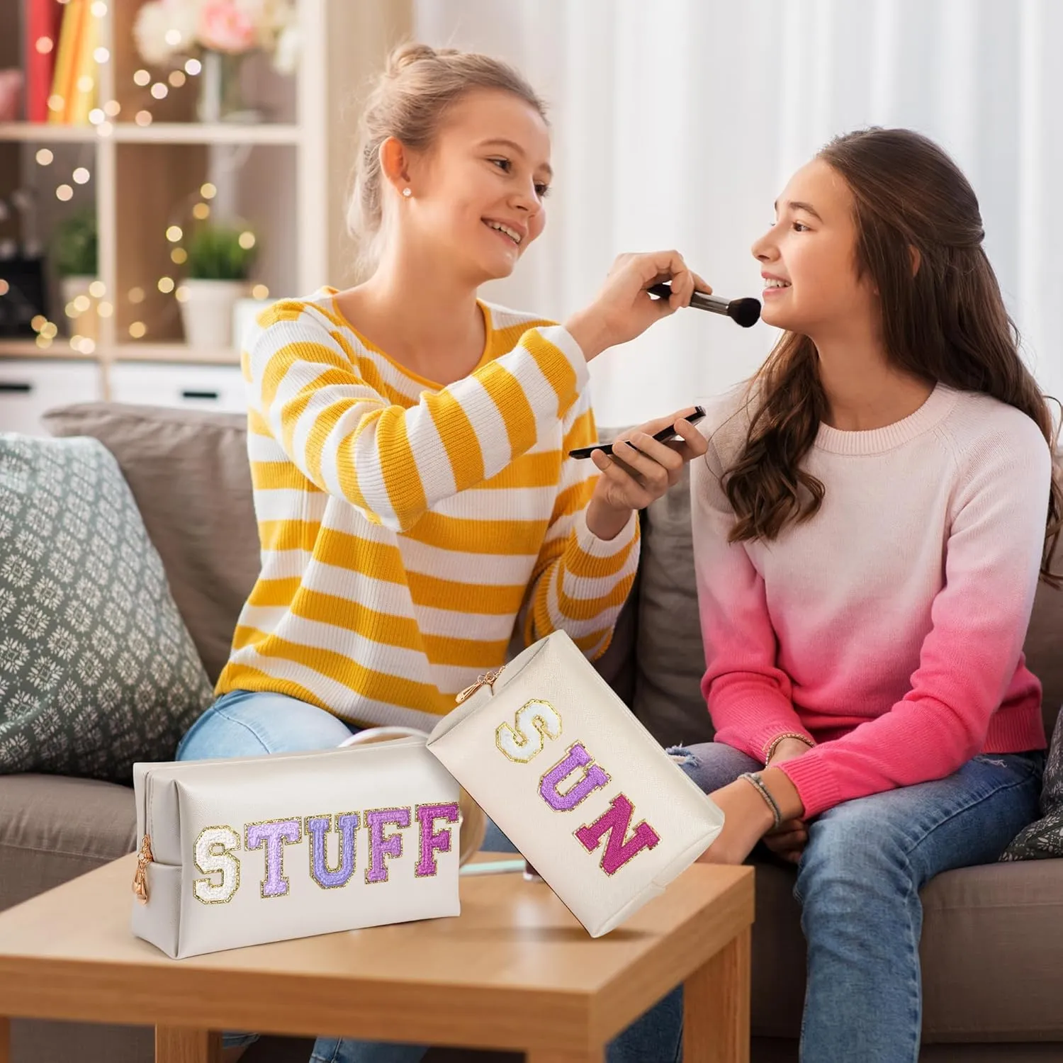 Preppy Patch Cosmetic Bags - Valentine's Day 2P Purple STUFF SUN Chenille Letter Makeup Bag, PU leather Travel Toiletry Bag Portable Waterproof Bag Zipper Pouch, New Year Gift for Women Girls