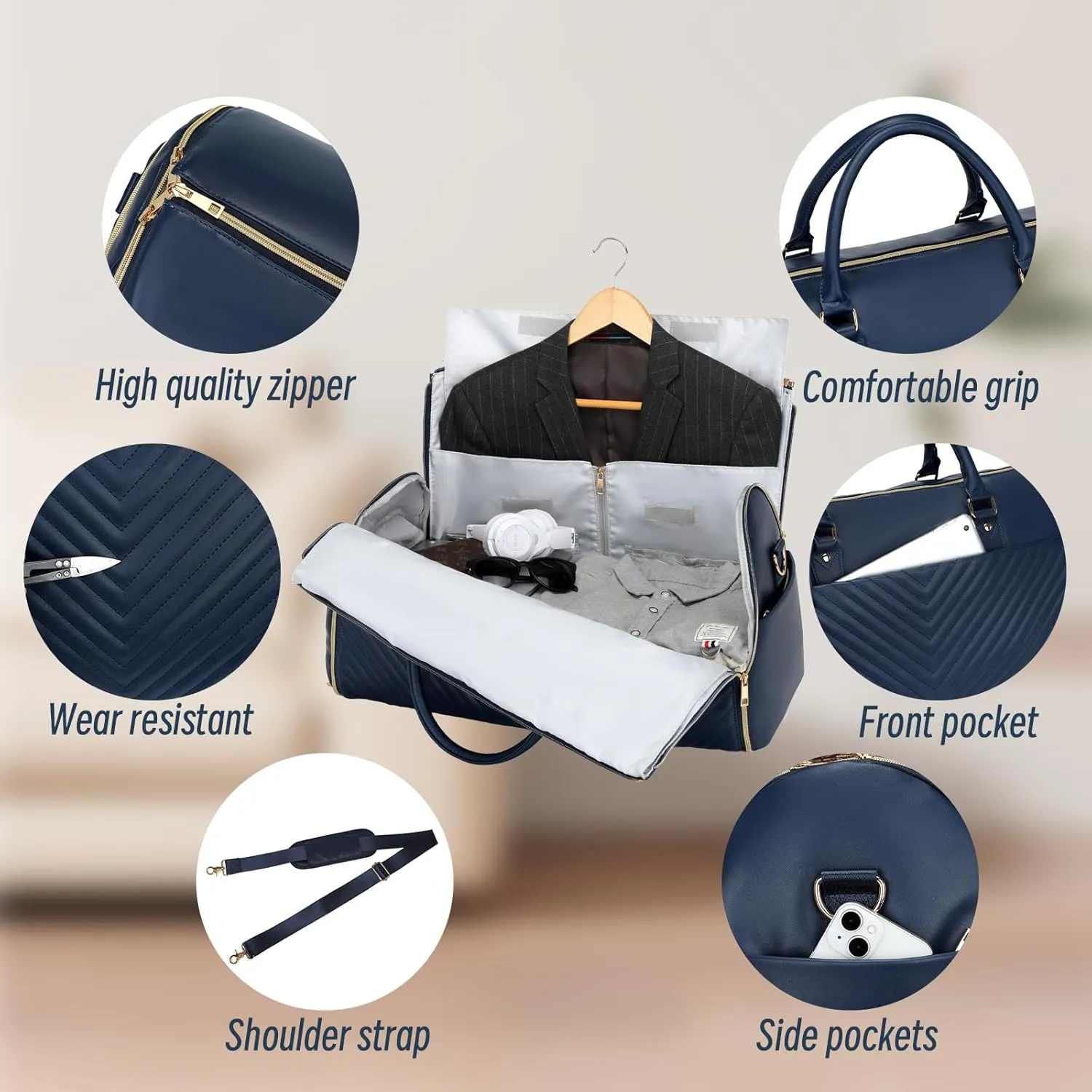 Pro Rolling Garment Bag - Detachable Handle & Extended Base, Waterproof PVC Leather with Shoe/Cosmetic Pockets, Silent Wheels for Air Travel/Weddings (48.5" Hanging System) （Dark blue）