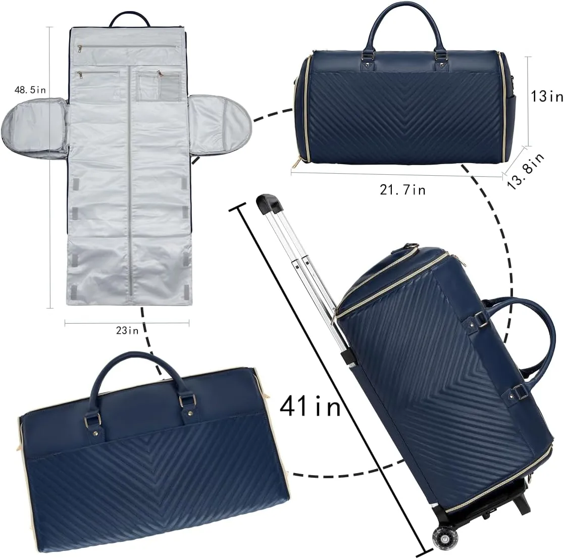 Pro Rolling Garment Bag - Detachable Handle & Extended Base, Waterproof PVC Leather with Shoe/Cosmetic Pockets, Silent Wheels for Air Travel/Weddings (48.5" Hanging System) （Dark blue）