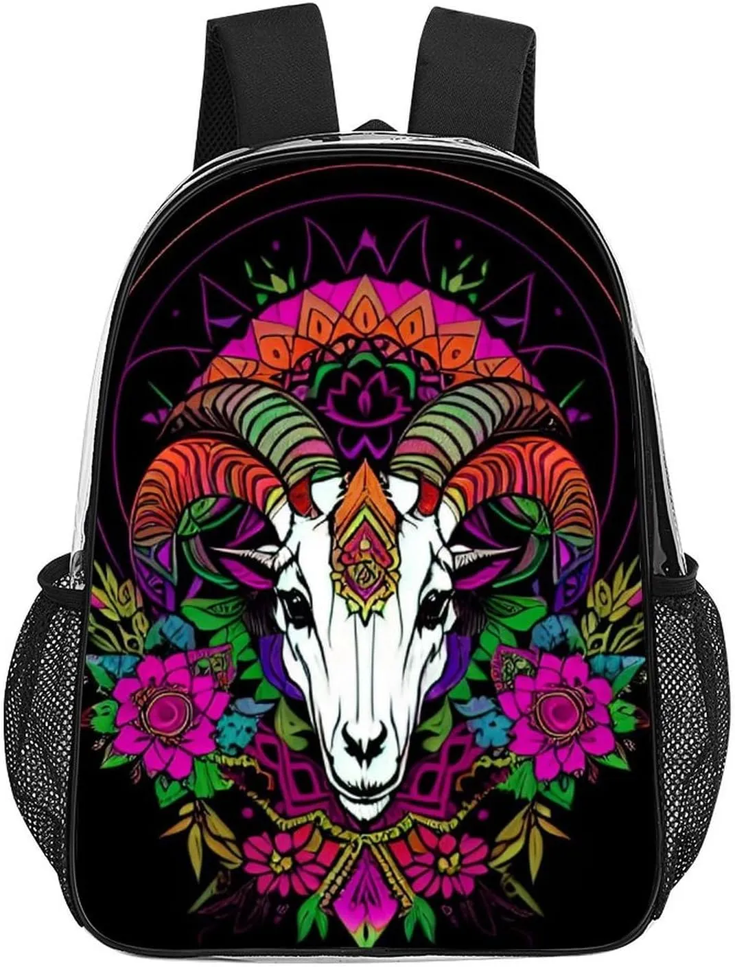 Psychedelic Goat Skull Art Backpack Transparent Anti-Theft Multipurpose Bookbag Large Capacity Laptop Book Bag Rucksack With Side Pockets