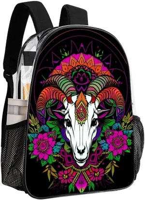 Psychedelic Goat Skull Art Backpack Transparent Anti-Theft Multipurpose Bookbag Large Capacity Laptop Book Bag Rucksack With Side Pockets