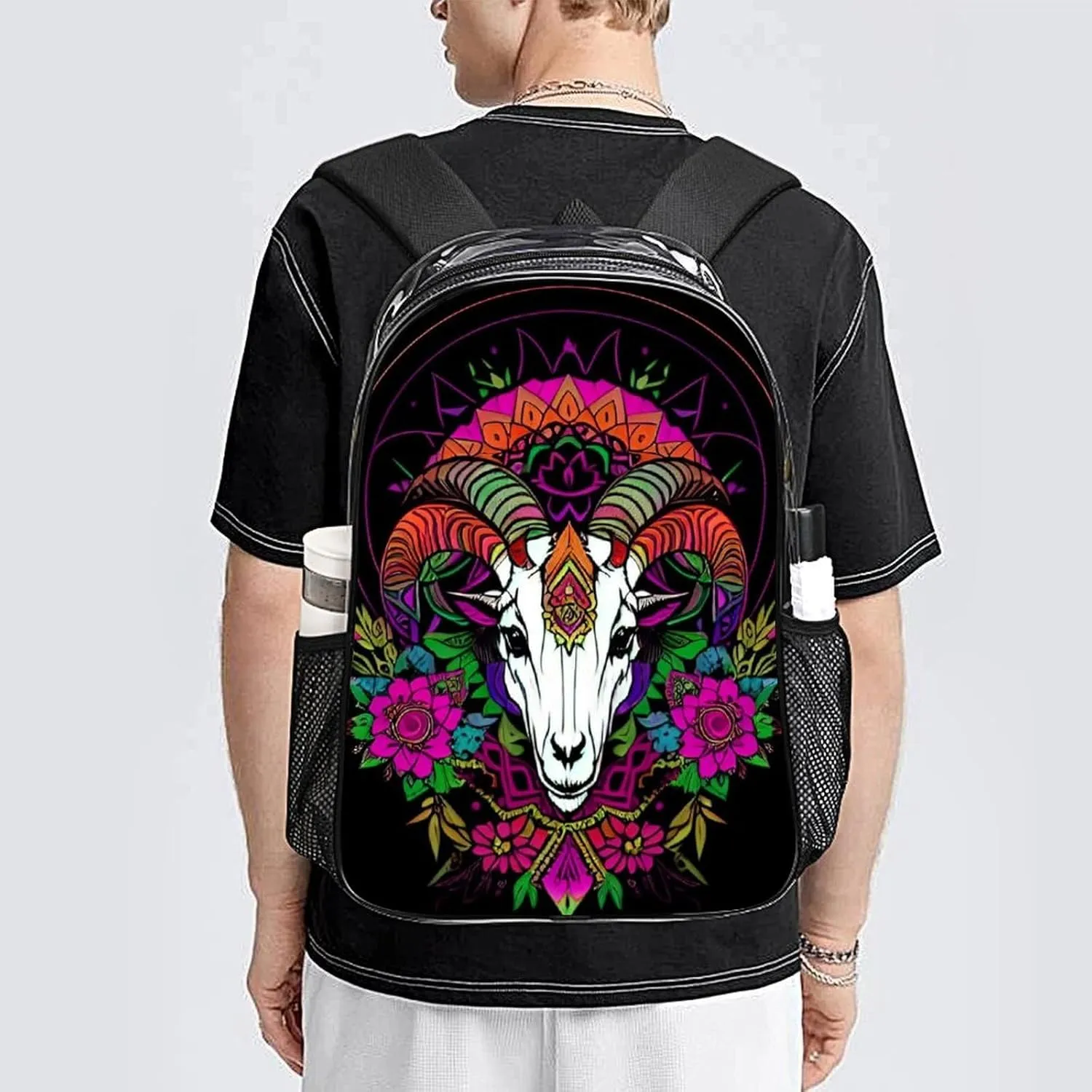 Psychedelic Goat Skull Art Backpack Transparent Anti-Theft Multipurpose Bookbag Large Capacity Laptop Book Bag Rucksack With Side Pockets