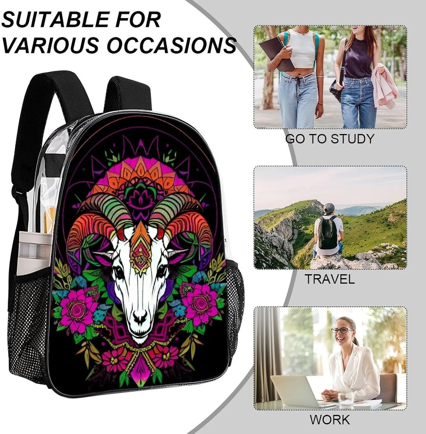 Psychedelic Goat Skull Art Backpack Transparent Anti-Theft Multipurpose Bookbag Large Capacity Laptop Book Bag Rucksack With Side Pockets