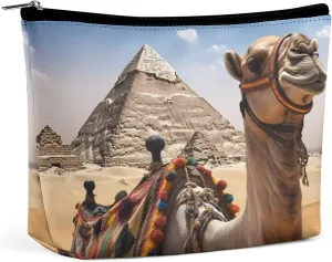 Pyramid Camel PU Leather Travel Makeup Bag Mini Pocket Cosmetic Bag for Women Portable Handbag Closure Organizer Makeup Case Toiletry Bag
