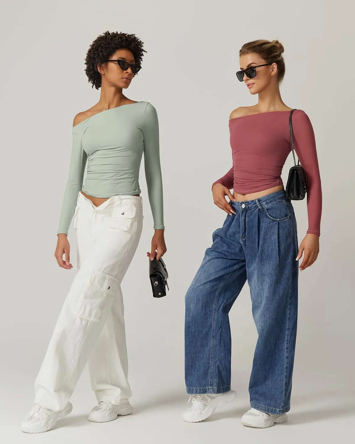 QINSEN Women's Sexy Off Shoulder Shirt Long Sleeve Double Lined Tops Side Ruched Fitted Tees