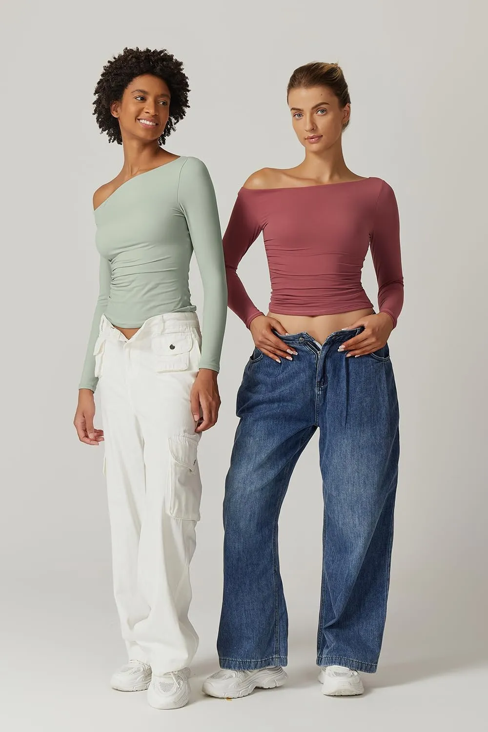 QINSEN Women's Sexy Off Shoulder Shirt Long Sleeve Double Lined Tops Side Ruched Fitted Tees
