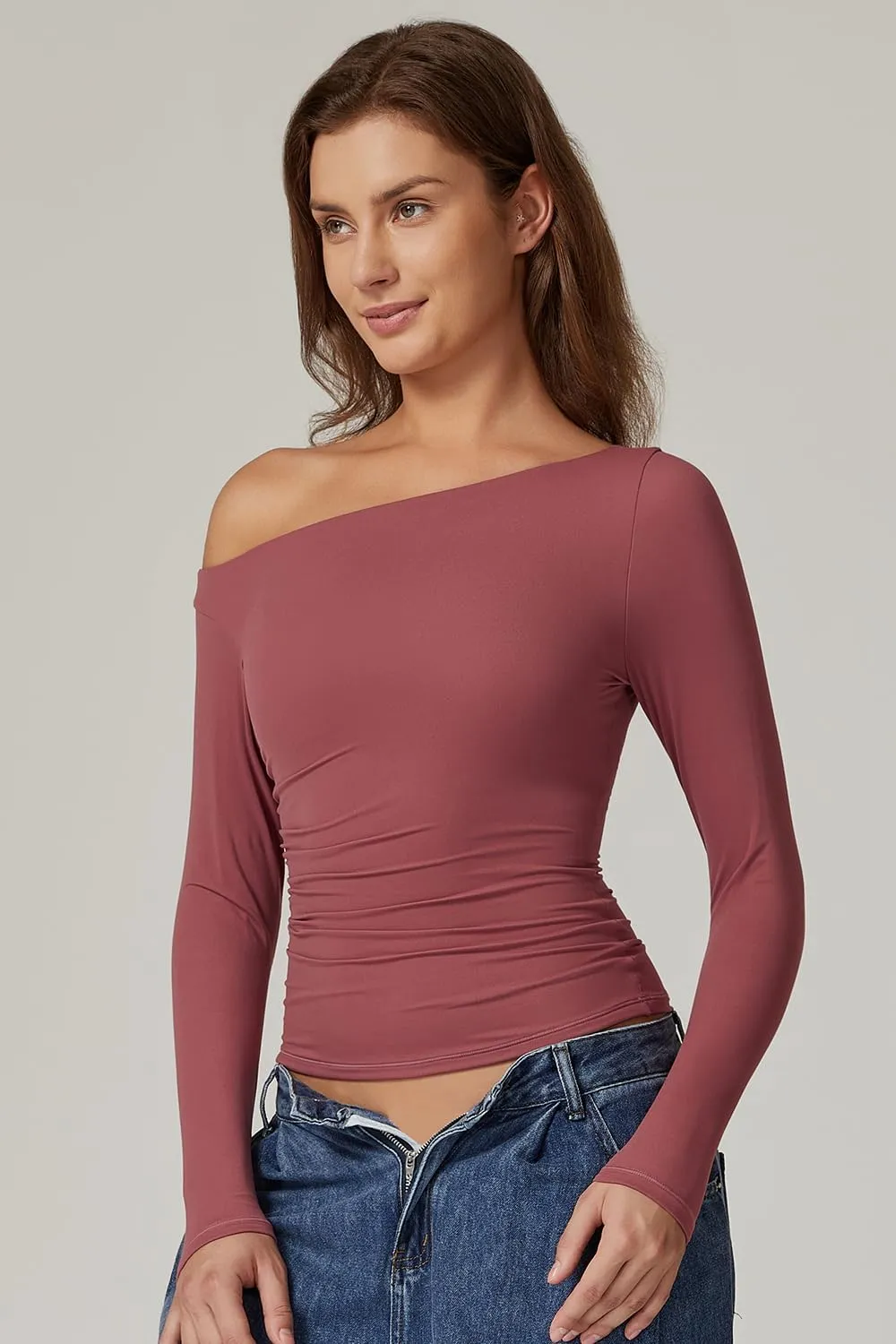 QINSEN Women's Sexy Off Shoulder Shirt Long Sleeve Double Lined Tops Side Ruched Fitted Tees
