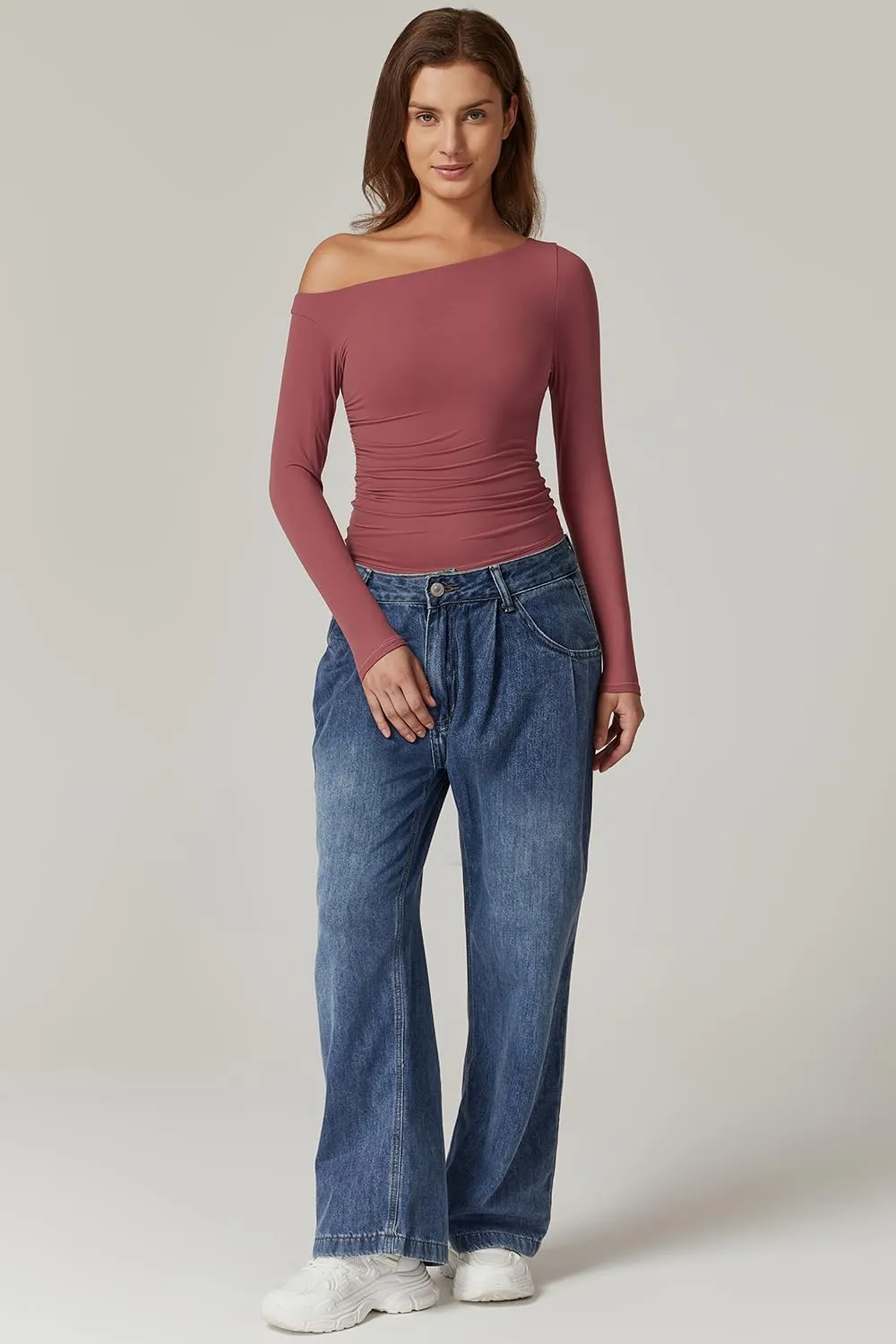 QINSEN Women's Sexy Off Shoulder Shirt Long Sleeve Double Lined Tops Side Ruched Fitted Tees