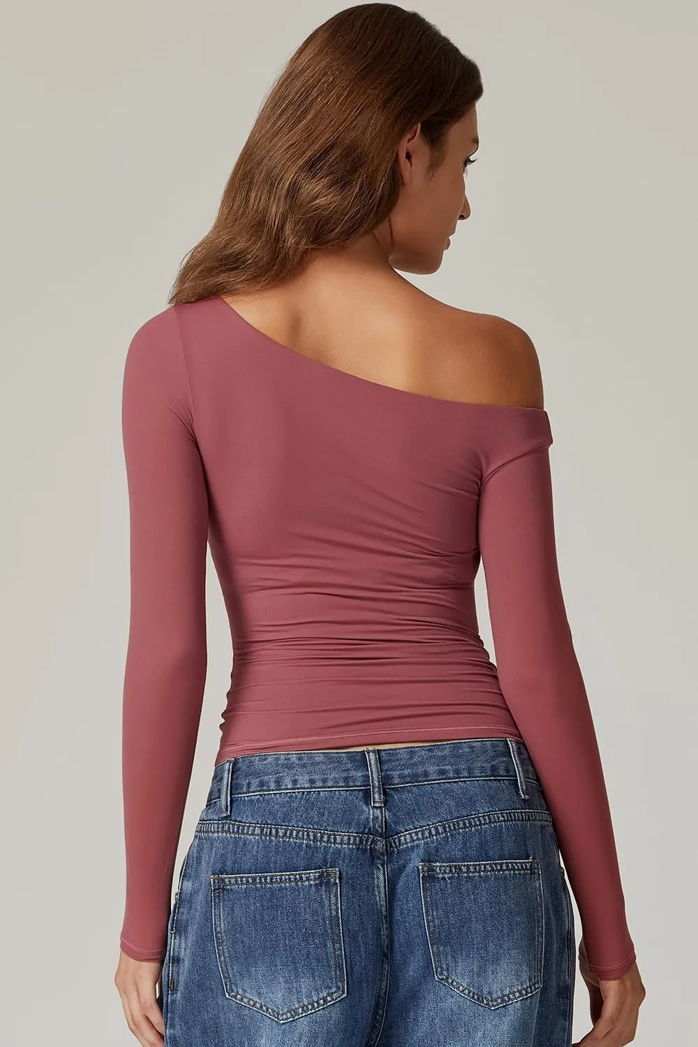QINSEN Women's Sexy Off Shoulder Shirt Long Sleeve Double Lined Tops Side Ruched Fitted Tees