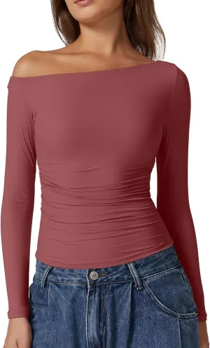 QINSEN Women's Sexy Off Shoulder Shirt Long Sleeve Double Lined Tops Side Ruched Fitted Tees