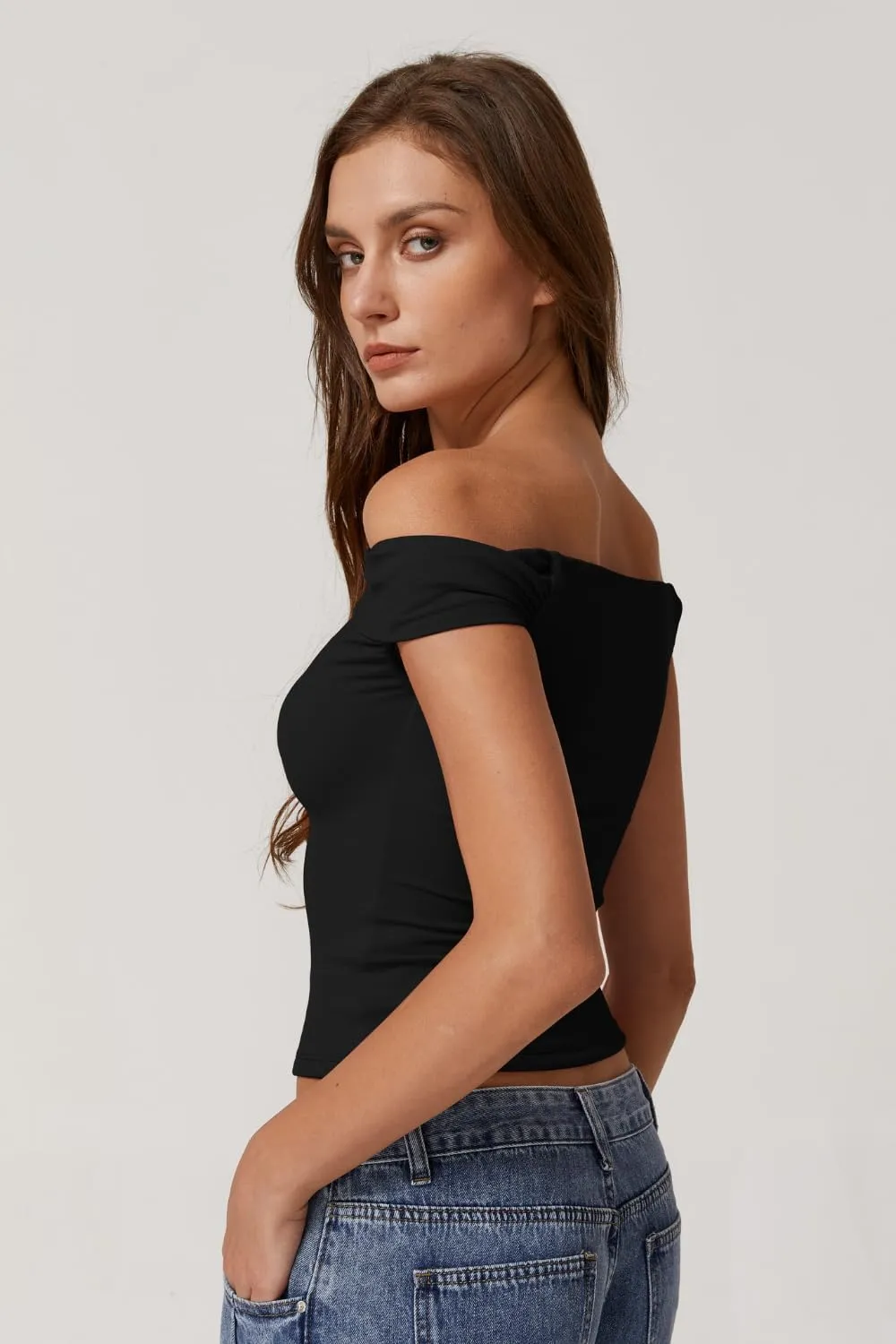QINSEN Womens Twisted Off The Shoulder Tops Double Lined Short Sleeve T Shirts Slim Fitted Stretchy Tee