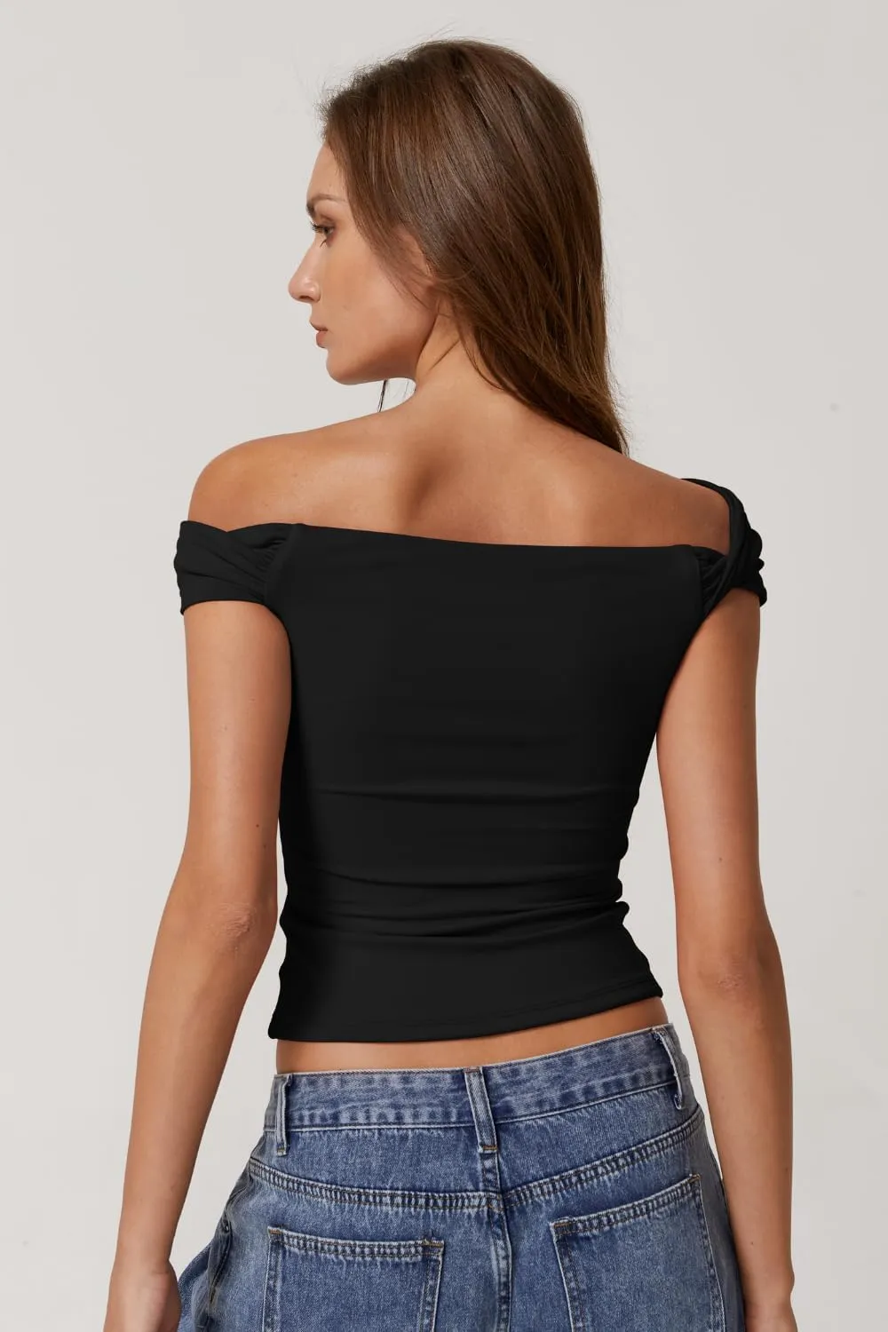 QINSEN Womens Twisted Off The Shoulder Tops Double Lined Short Sleeve T Shirts Slim Fitted Stretchy Tee