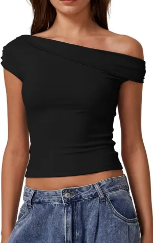 QINSEN Womens Twisted Off The Shoulder Tops Double Lined Short Sleeve T Shirts Slim Fitted Stretchy Tee