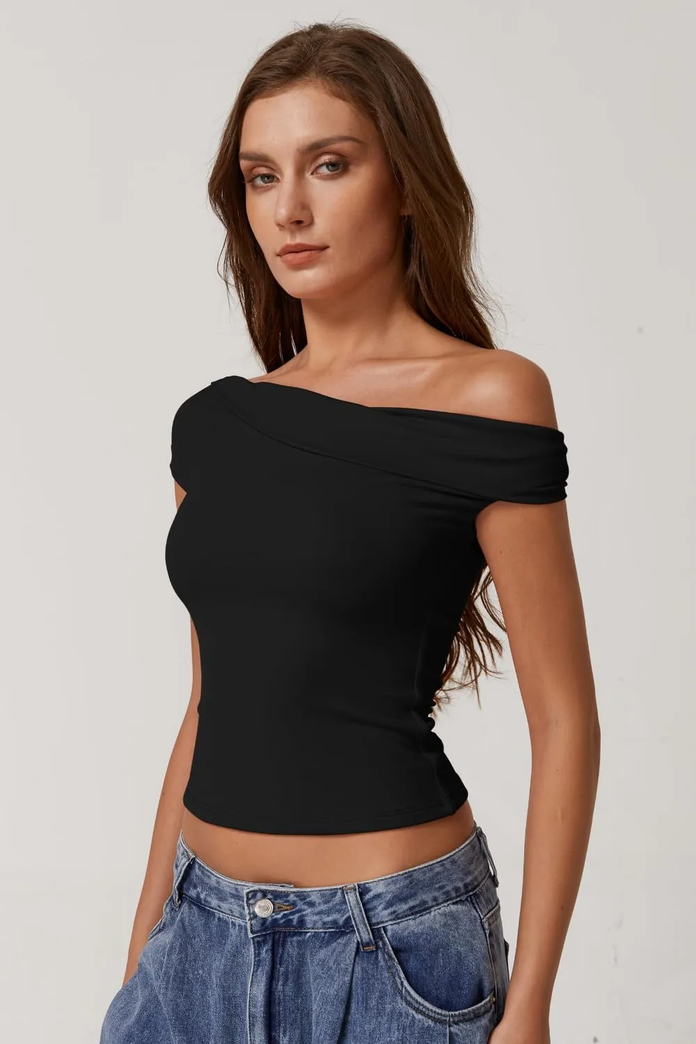 QINSEN Womens Twisted Off The Shoulder Tops Double Lined Short Sleeve T Shirts Slim Fitted Stretchy Tee