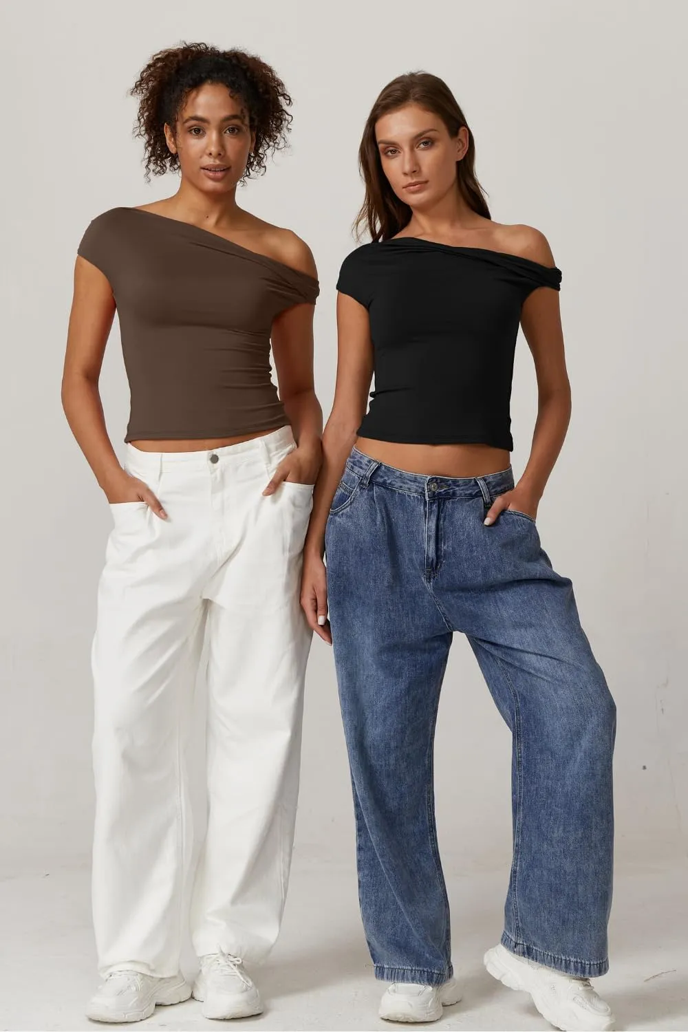 QINSEN Womens Twisted Off The Shoulder Tops Double Lined Short Sleeve T Shirts Slim Fitted Stretchy Tee