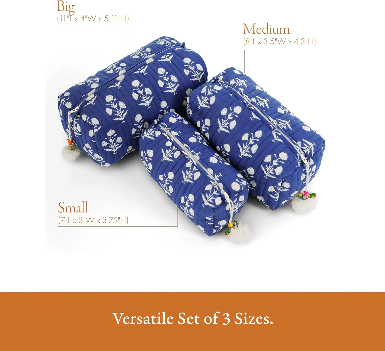 Quilted Floral Makeup Bag Set – Fleur De Nuit Pattern 3 Sizes, Waterproof Lining, Make Up Travel Cosmetic & Toiletry Bags For Traveling Women