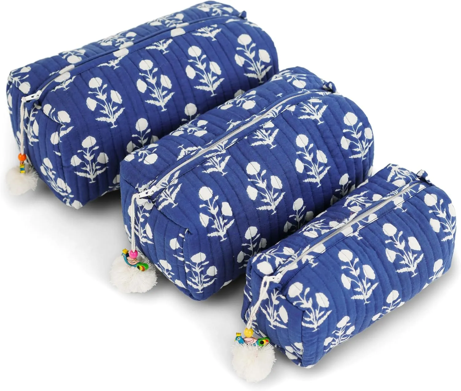 Quilted Floral Makeup Bag Set – Fleur De Nuit Pattern 3 Sizes, Waterproof Lining, Make Up Travel Cosmetic & Toiletry Bags For Traveling Women