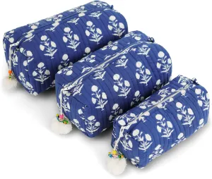 Quilted Floral Makeup Bag Set – Fleur De Nuit Pattern 3 Sizes, Waterproof Lining, Make Up Travel Cosmetic & Toiletry Bags For Traveling Women