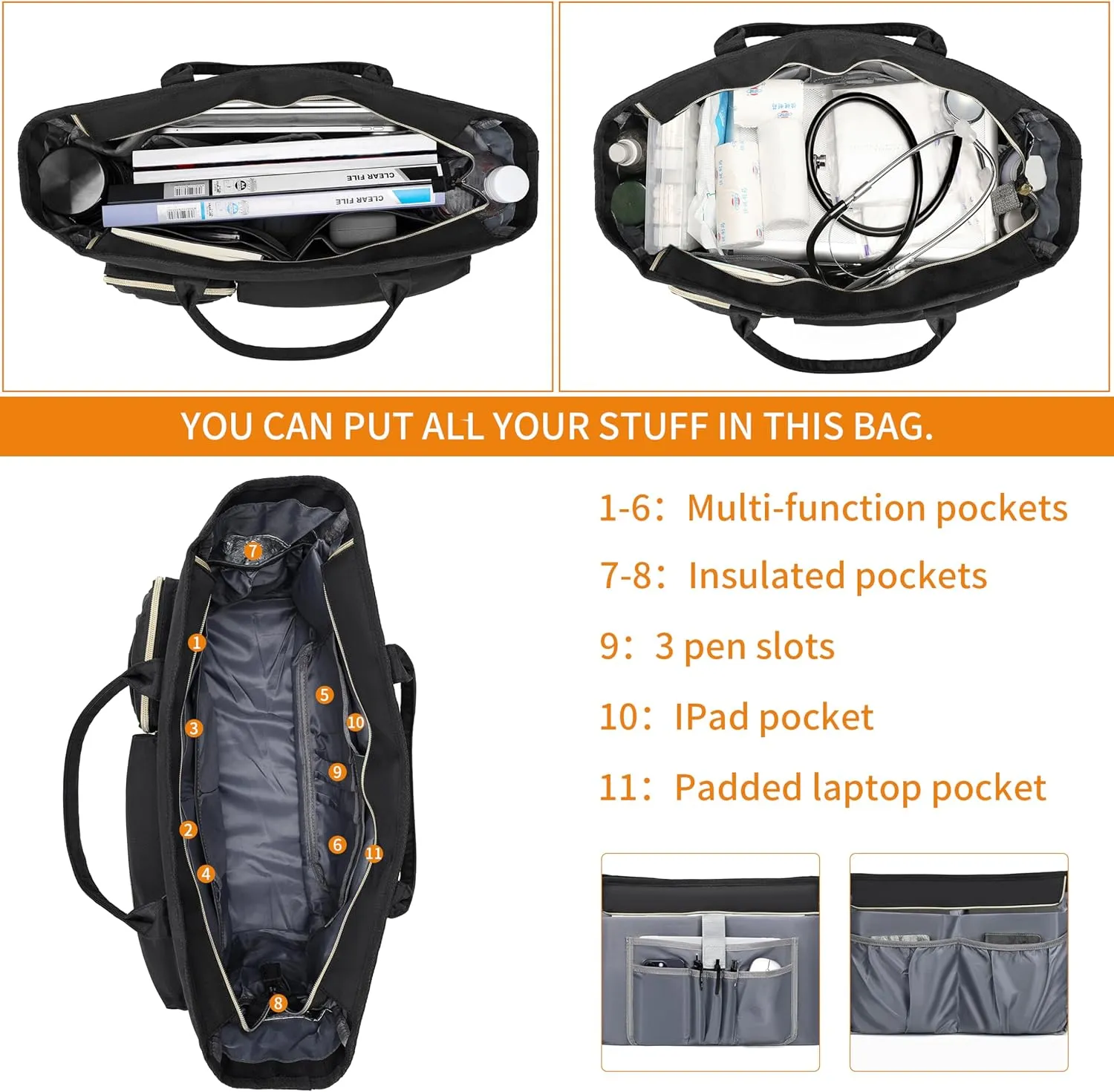Rabjen Nurse Tote Bag for Work with Padded 15.6” Laptop Sleeve, Medical Supplies Shoulder Bag for Home Health Care