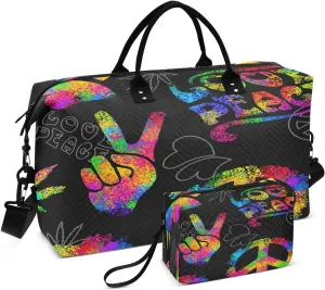 Rainbow Peace Love Sign Travel Duffel Bag, Shoulder Weekender Overnight Bags - Large Gym Bag with Wet Pocket