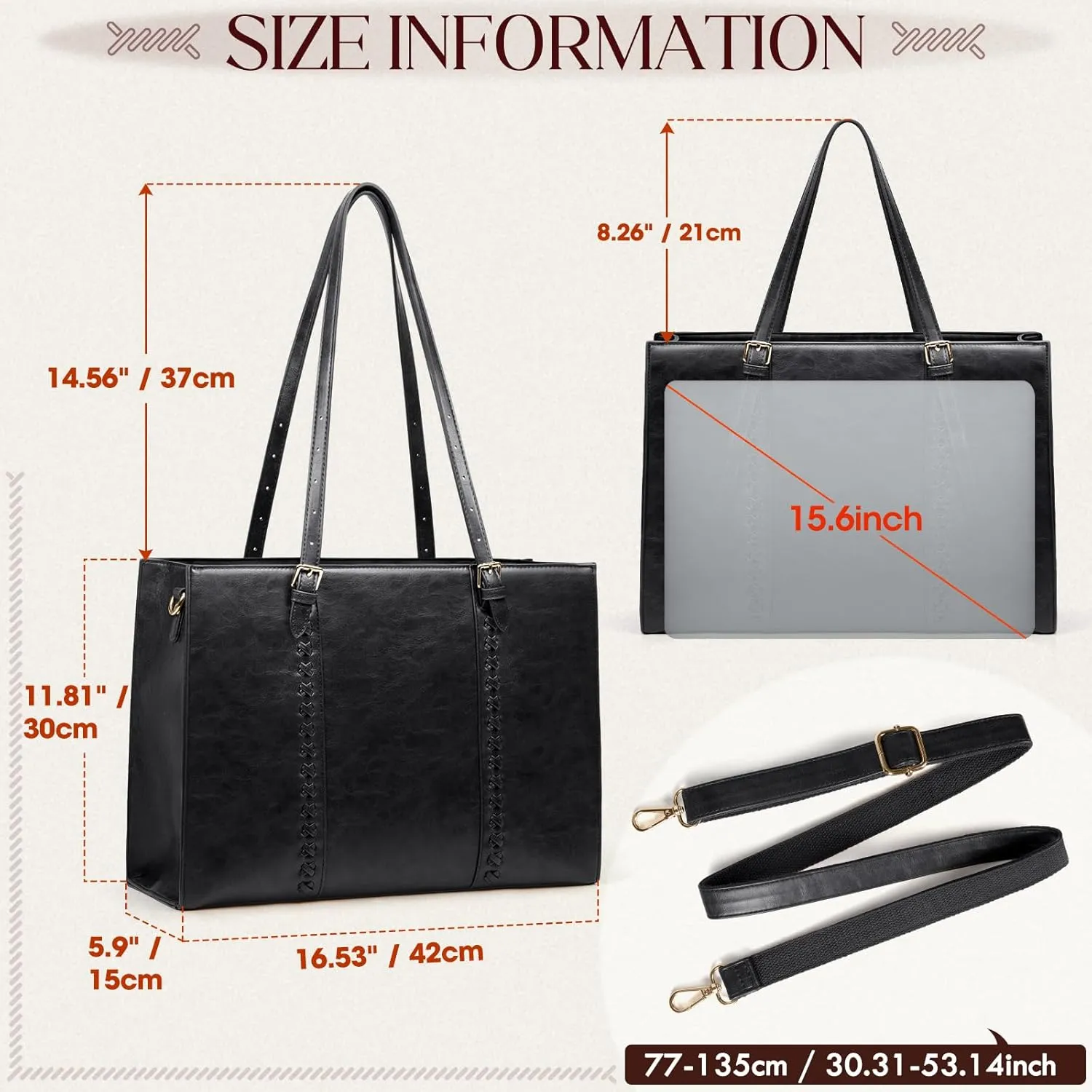 RAINSMORE Laptop Bag for Women, 15.6 inch Laptop Tote Bag PU Leather Computer Work Bag Lightweight Shoulder Handbags, Black