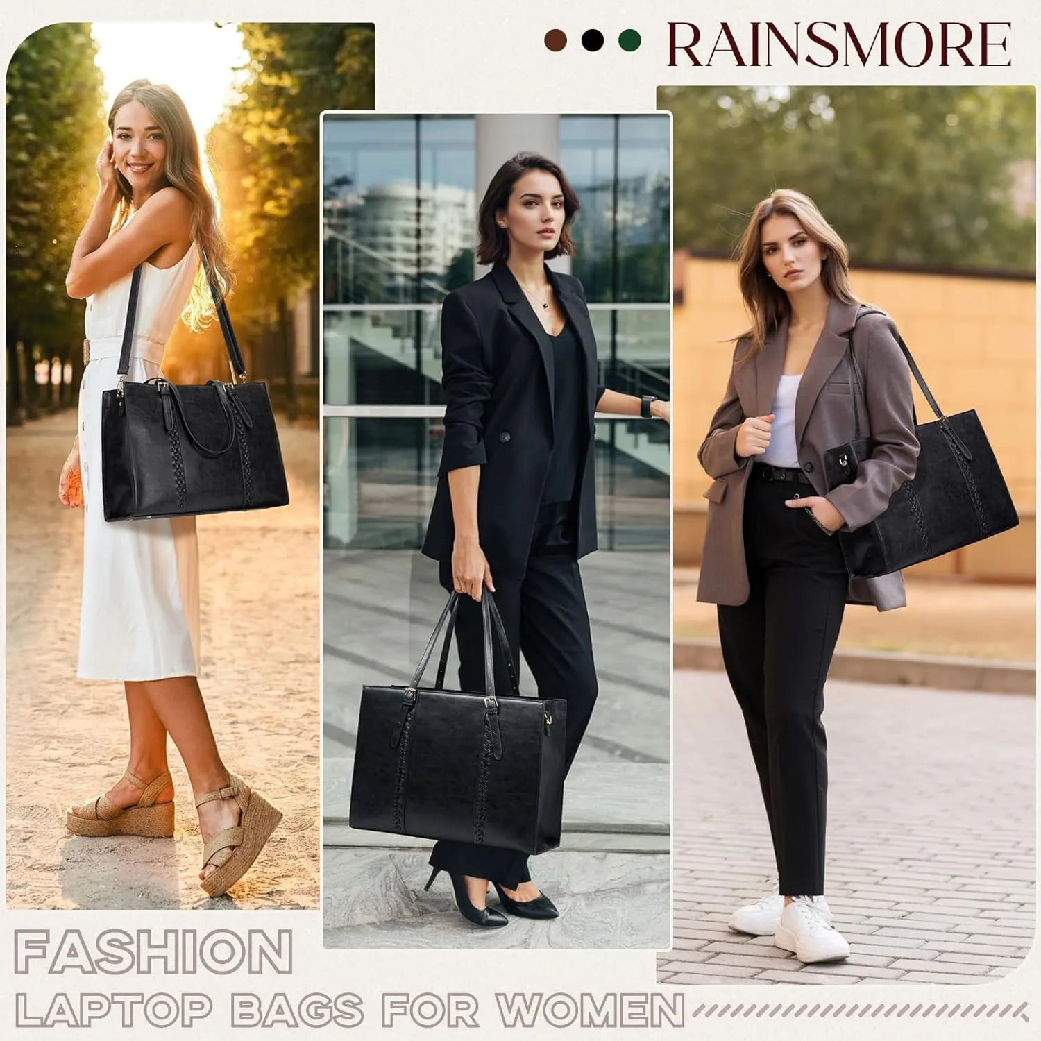 RAINSMORE Laptop Bag for Women, 15.6 inch Laptop Tote Bag PU Leather Computer Work Bag Lightweight Shoulder Handbags, Black