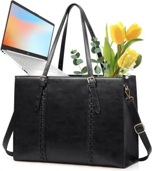 RAINSMORE Laptop Bag for Women, 15.6 inch Laptop Tote Bag PU Leather Computer Work Bag Lightweight Shoulder Handbags, Black