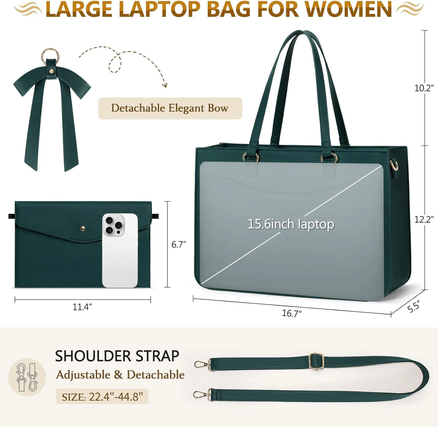 RAINSMORE Laptop Bag for Women 15.6 Inch Work Tote Bags Leather Laptop Tote Waterproof Computer Bag Professional Office Business Briefcase Large Handbag for College Teacher Travel, Green