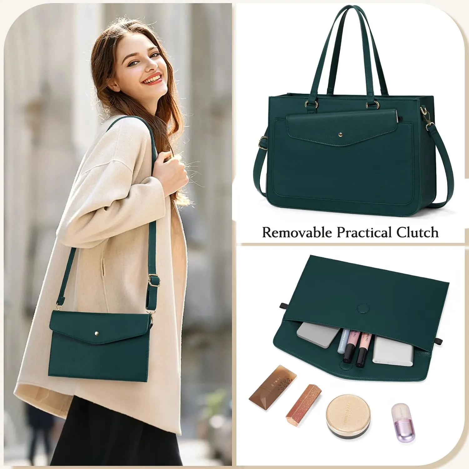 RAINSMORE Laptop Bag for Women 15.6 Inch Work Tote Bags Leather Laptop Tote Waterproof Computer Bag Professional Office Business Briefcase Large Handbag for College Teacher Travel, Green