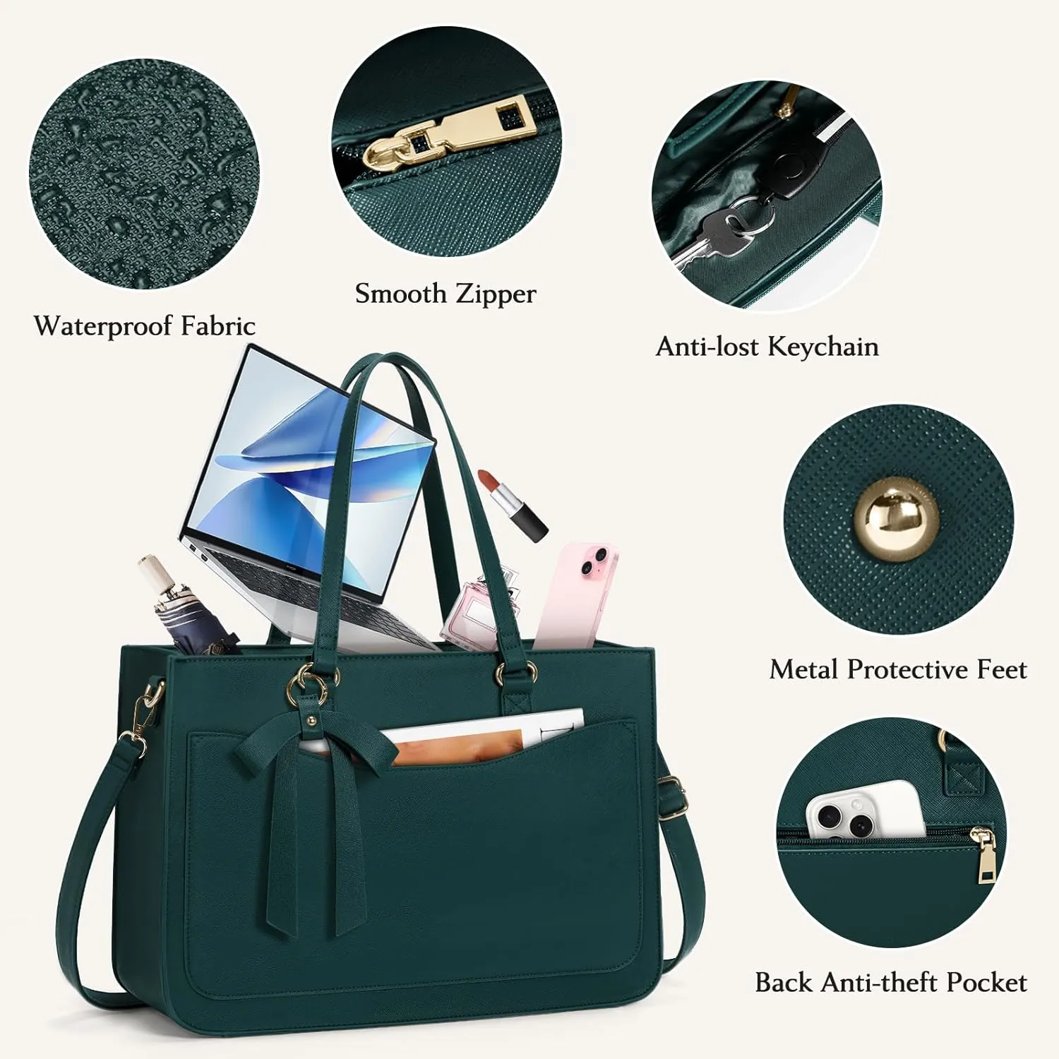 RAINSMORE Laptop Bag for Women 15.6 Inch Work Tote Bags Leather Laptop Tote Waterproof Computer Bag Professional Office Business Briefcase Large Handbag for College Teacher Travel, Green