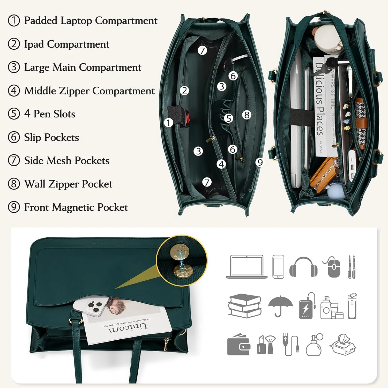 RAINSMORE Laptop Bag for Women 15.6 Inch Work Tote Bags Leather Laptop Tote Waterproof Computer Bag Professional Office Business Briefcase Large Handbag for College Teacher Travel, Green