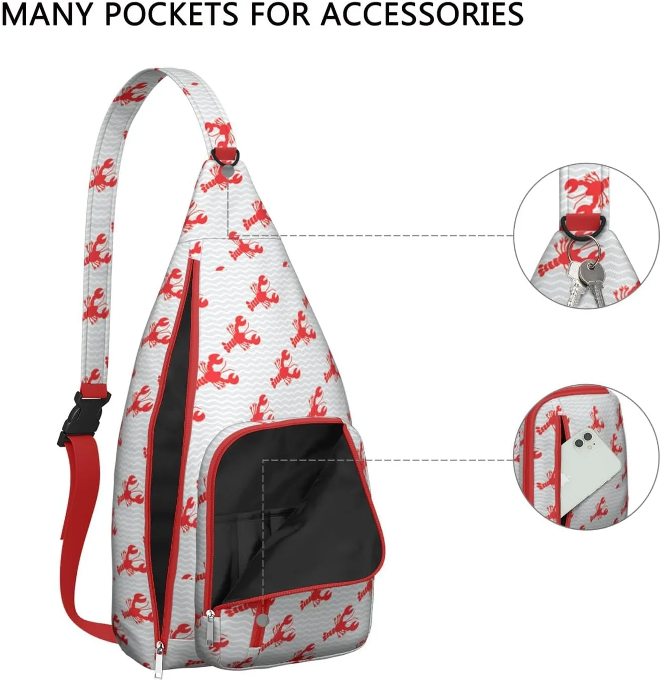 Red Lobster on Grey Stripes Crossbody Bag Daypack for Women Men Lightweight Waterproof Sling Bag Backpack Hiking Cycling