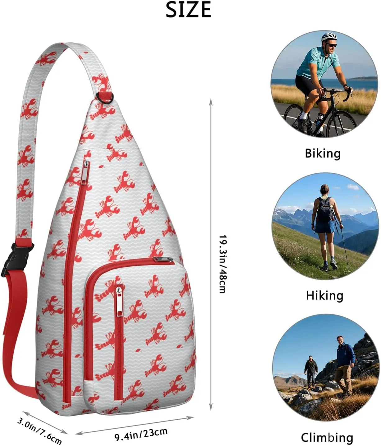 Red Lobster on Grey Stripes Crossbody Bag Daypack for Women Men Lightweight Waterproof Sling Bag Backpack Hiking Cycling