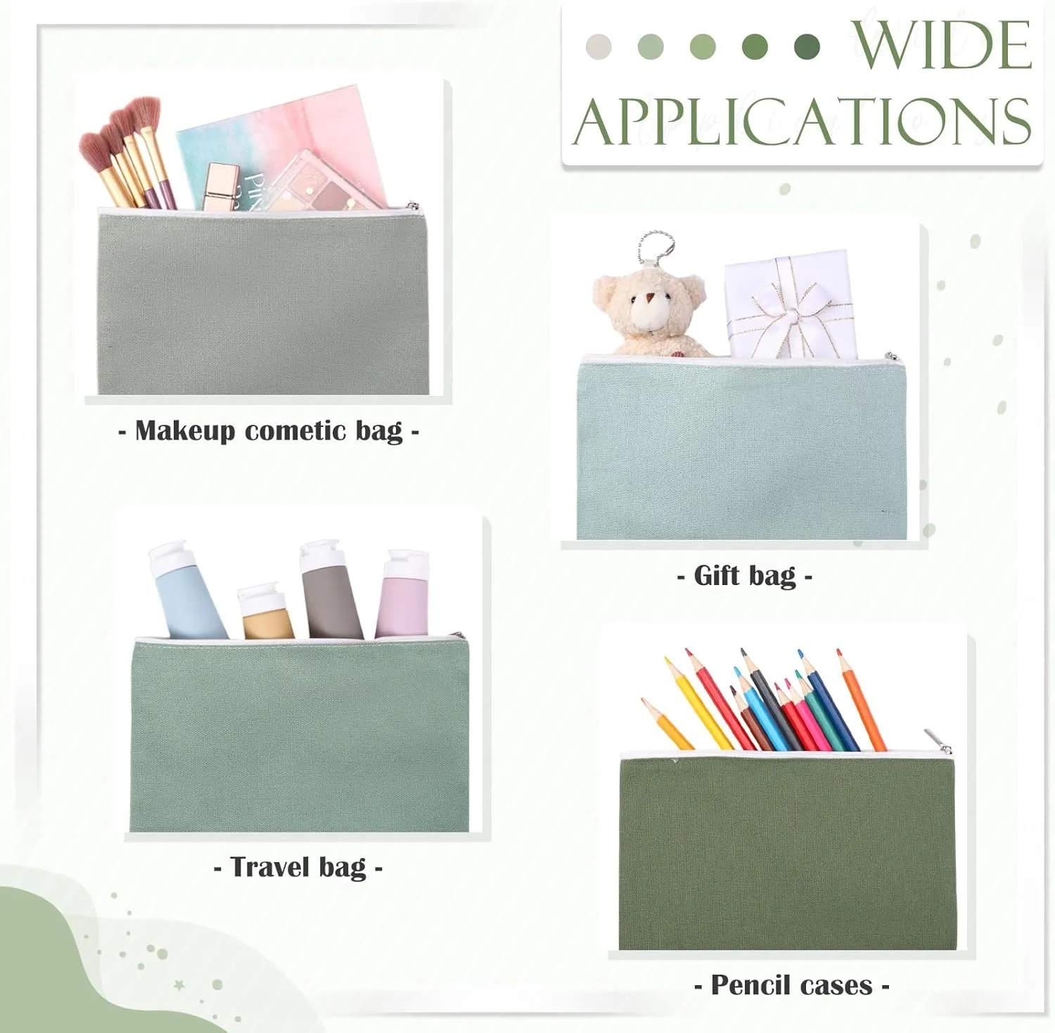 Reginary 10 Pcs Canvas Makeup Bags Bulk for Women Blank DIY Craft Pencil Pouch Multicolor Cosmetics Bag Travel Toiletry Pouch Gift for Mental Health Nurse Mother Teacher(Green)