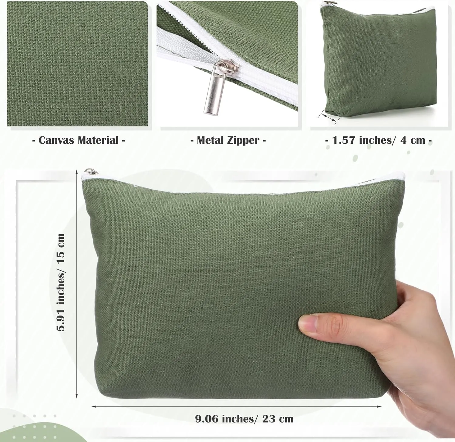 Reginary 10 Pcs Canvas Makeup Bags Bulk for Women Blank DIY Craft Pencil Pouch Multicolor Cosmetics Bag Travel Toiletry Pouch Gift for Mental Health Nurse Mother Teacher(Green)