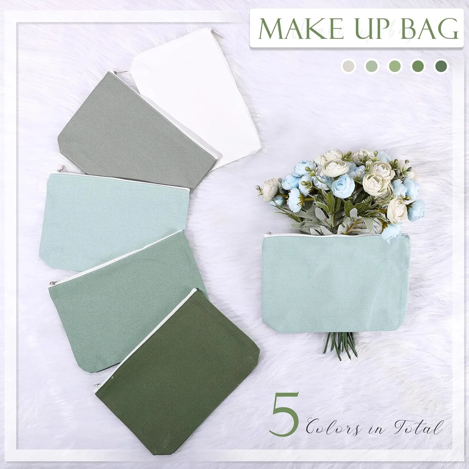 Reginary 10 Pcs Canvas Makeup Bags Bulk for Women Blank DIY Craft Pencil Pouch Multicolor Cosmetics Bag Travel Toiletry Pouch Gift for Mental Health Nurse Mother Teacher(Green)