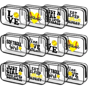 Reginary 12 Pcs 7 x 4.7 x 2.4'' Softball Makeup Bag Softball Gifts for Team Clear PVC Softball Cosmetic Case Softball Goodie Bag Stuffers Accessories for Woman Toiletry Zipper Pouch Team Party Favors